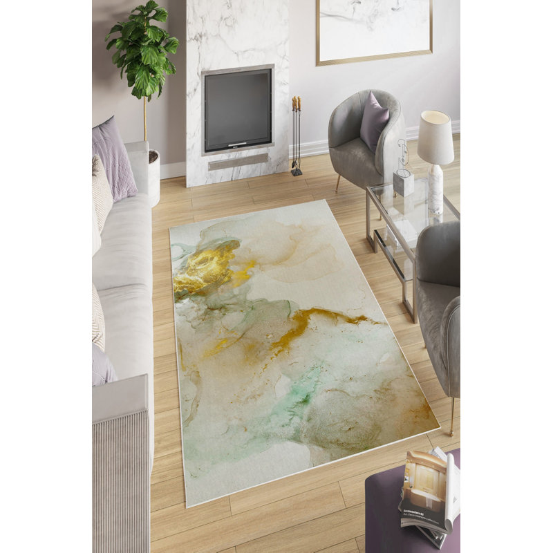 Eco-Friendly Hall Carpet, 3.3 x 4.9 Feet, 100% Polyester | Antibacterial, Non-Slip PVC Dot Underside, 650 Gr/m² | Machine Washable, Digital Printed Design, Pile Height: 0.2 Inches | Elegant White Color for Home Décor