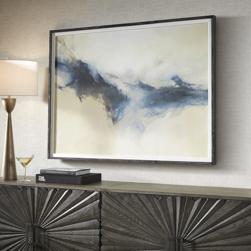 Blue and Cream Abstract Print with Black Wood Frame