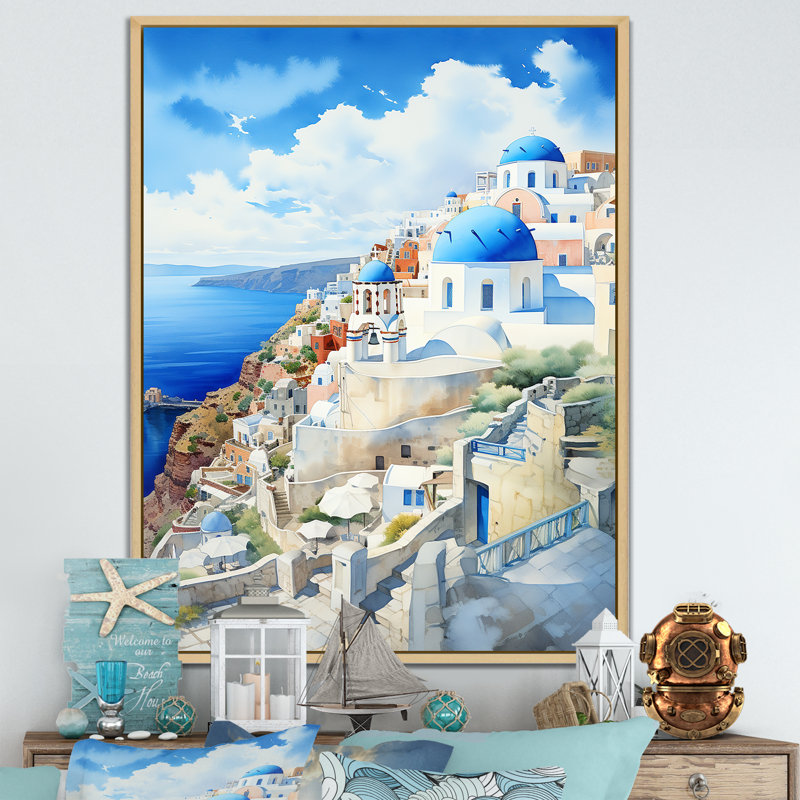 «Greek Isles Coastal Village Dreams I», art mural Grèce, Cadre flottant brun, H 32 po x l 16 po