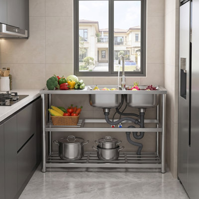 Évier utilitaire extérieur en acier inoxydable à double cuve, autoportant, avec robinet d'eau chaude et froide, idéal pour la buanderie, le garage, le café ou le bar.