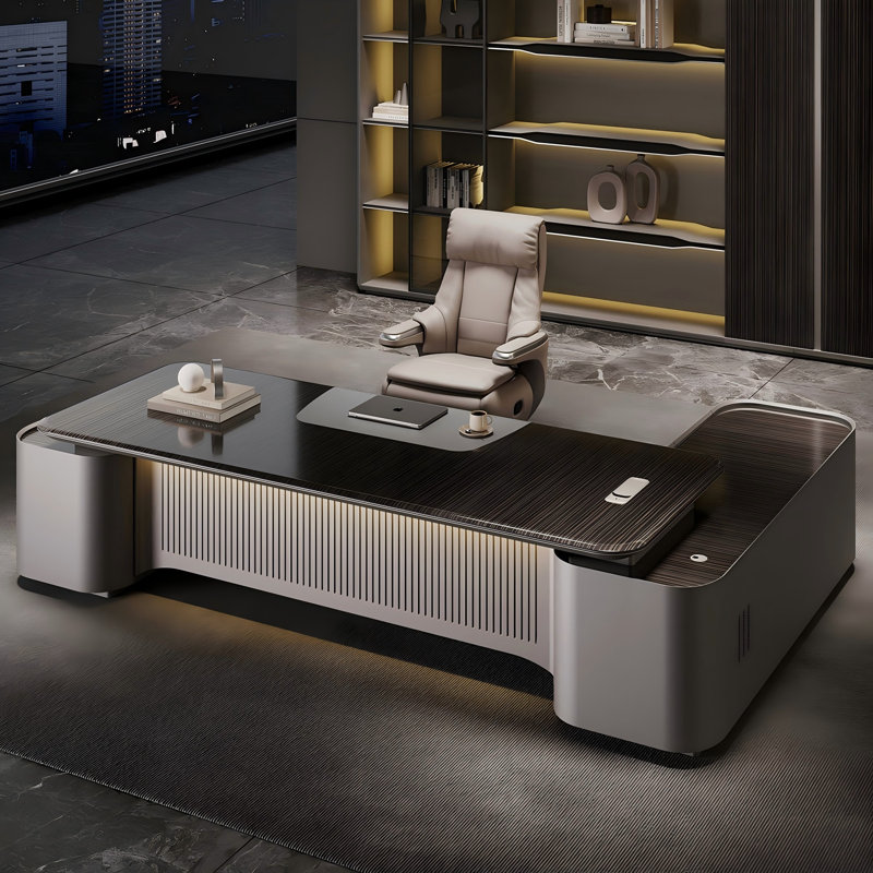 Bureau de direction 94,49 "moderne avec lumières laquées de luxe avec armoires latérales et bandes lumineuses à DEL