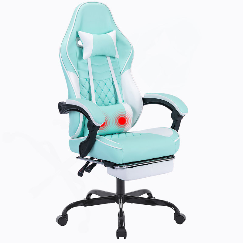 Fauteuils de jeu vidéo ergonomiques, chaises de jeu d'ordinateur avec support lombaire et repose-pieds de massage, appui-tête réglable pour ordinateur de style course pour adultes, vert