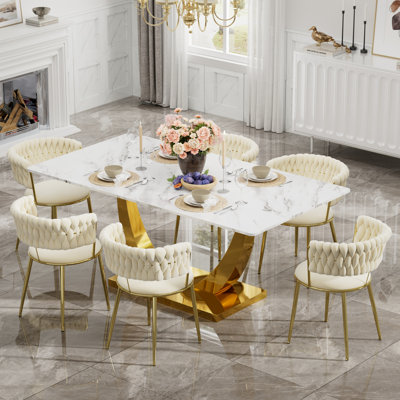 Ensemble de salle à manger à piédestal rectangulaire avec chaise de salle à manger en velours Modern Weaven
