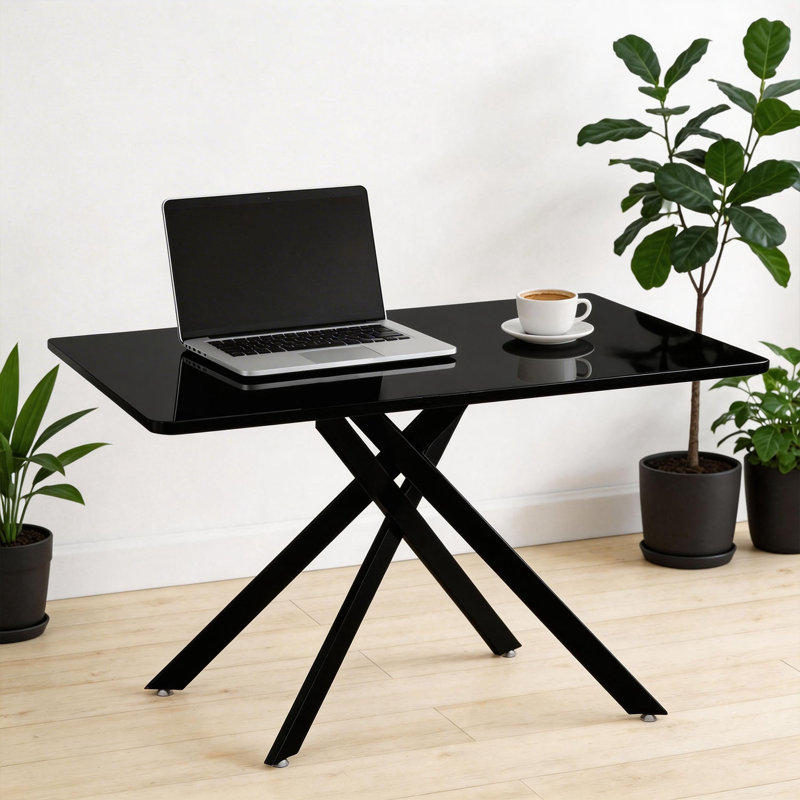 Table de salle à manger rectangulaire moderne en verre de sécurité trempé avec pieds en métal, Noir / Noir