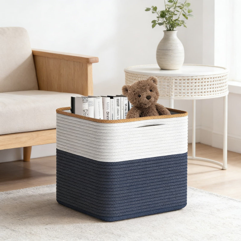 Woven Cotton Rope Storage Baskets With Handles, 11-Inch Decorative Organizer Cubes For Toys, Blankets, Laundry, And Closet Organization, Soft And Durable Foldable Bins