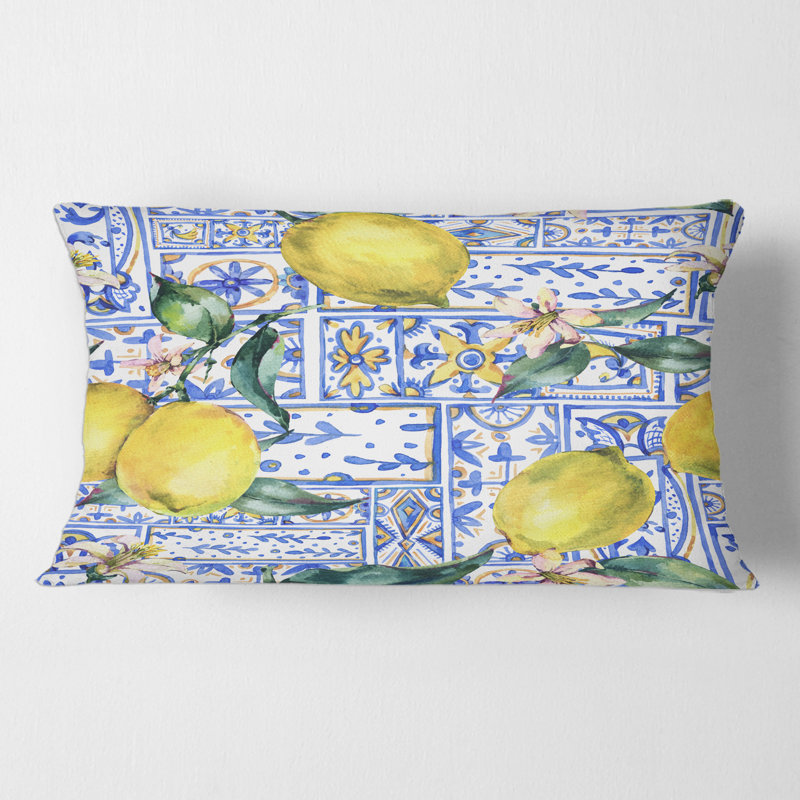 Rectangle, ornement citron sur motif géométrique bleu I - Coussin décoratif à imprimé tropical