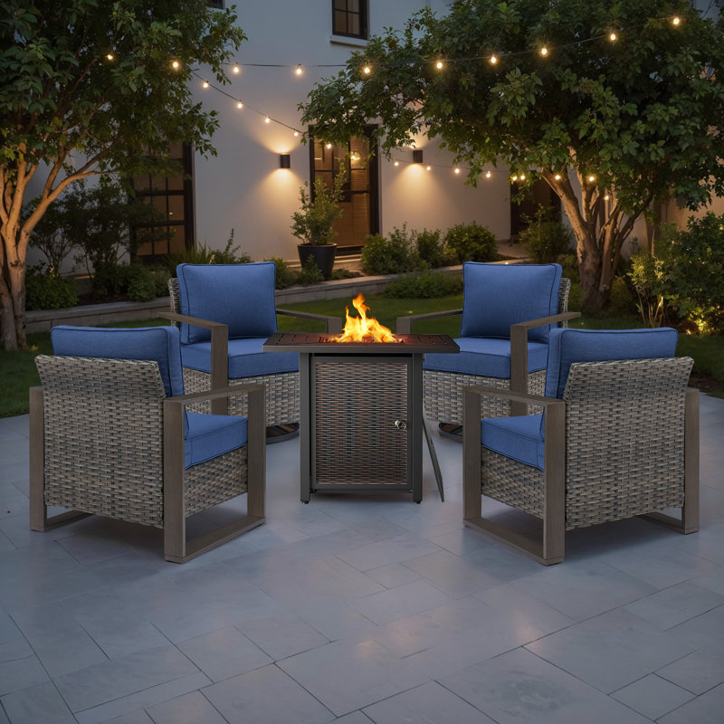 Drazen 4 - Person Patio Furniture Set With Fire Pit Table, All-Weather Wicker Outdoor Conversation Set With Chair And Thick Cushions