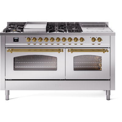 Cuisinière ILVE Nostalgie II Série 60 po à double combustible avec 7 brûleurs scellés, plaque de cuisson, table française (gaz naturel, porte vitrée)