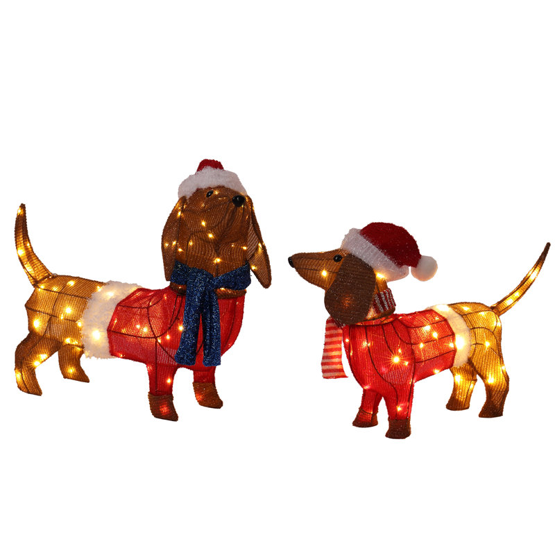 Ensemble de 2 décorations de Noël pour chien teckel éclairées, pré-éclairé avec 115 lumières DEL blanc chaud, cadre en métal résistant aux intempéries, décoration de Noël intérieure / extérieure