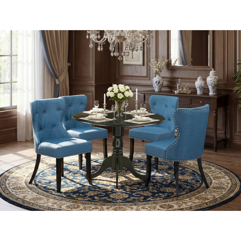 Ensemble de table de salle à manger 5 pièces comprenant une table de cuisine ronde avec Dropleaf et 4 chaises de salle à manger Parson en tissu bleu, 42 x 42 po, noir