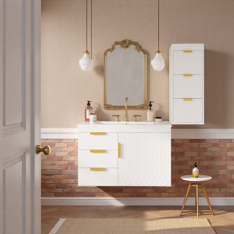 Armoire de salle de bain montée avec armoire latérale, armoire de salle de bain avec porte à fermeture en douceur et tiroirs, meuble-lavabo moderne avec lavabo