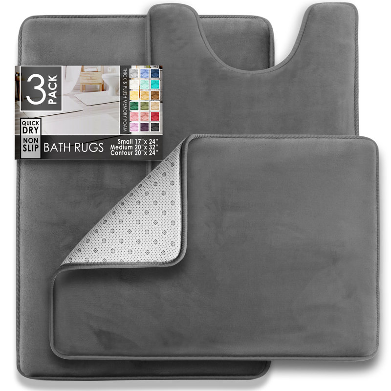 Aighan 3 Piece Ultra Soft and Absorbent Memory Foam Bath Rug Set with Non-Slip Backing, Gray