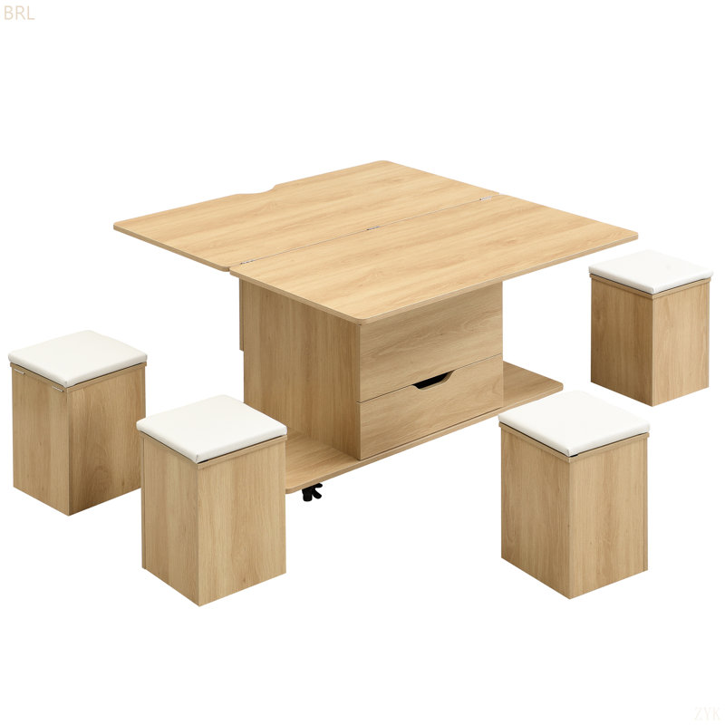 Table basse multifonctionnelle à plateau relevable avec rangement caché et tabourets, table centrale moderne multifonctionnelle avec 4 tabourets et roulettes, parfaite pour les espaces de vie modernes