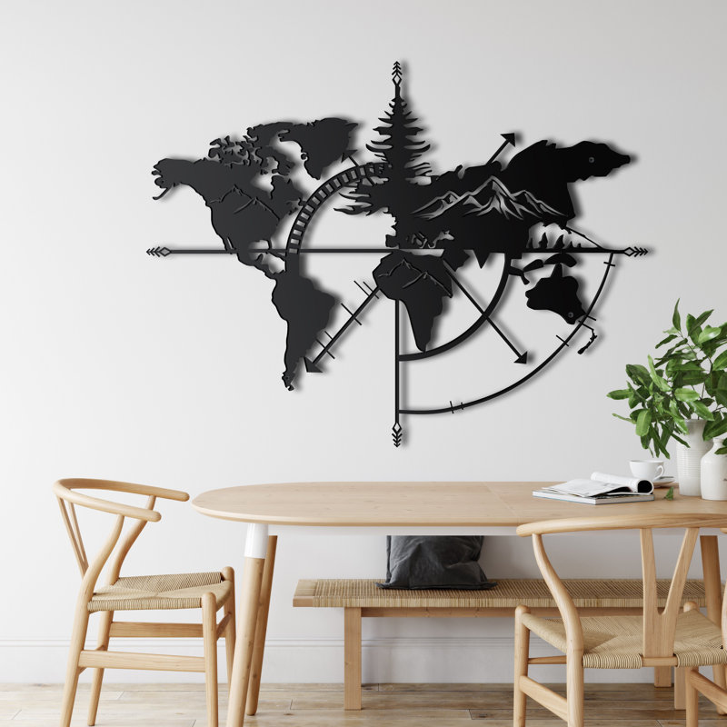 World Map Mountain Modern Landscape & Nature Wall Decor on Metal, 30" H x 39" W x 0.6" D