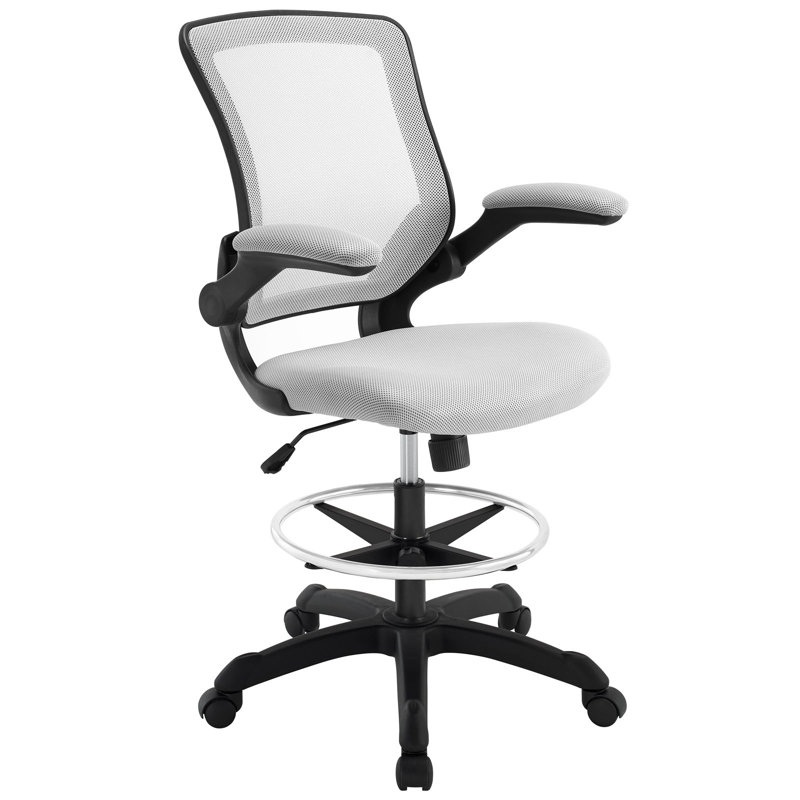 Gray Mesh Adjustable Swivel Drafting Stool with Flip-Up Arms