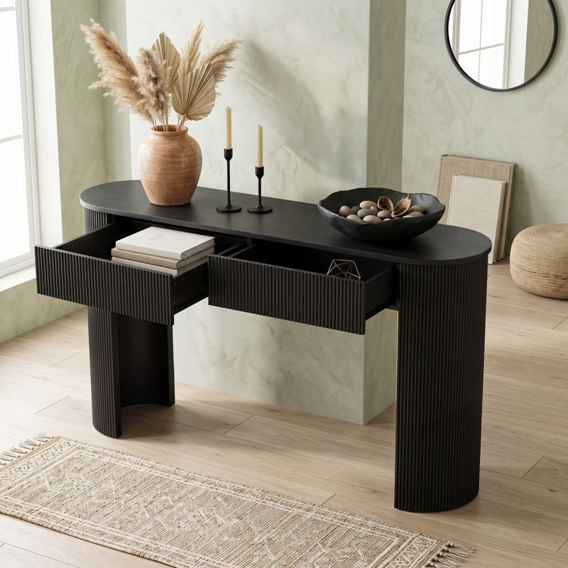 Console moderne cannelée avec tiroirs dissimulés, table d'entrée ovale avec pattes en forme de colonne incurvée, Noir