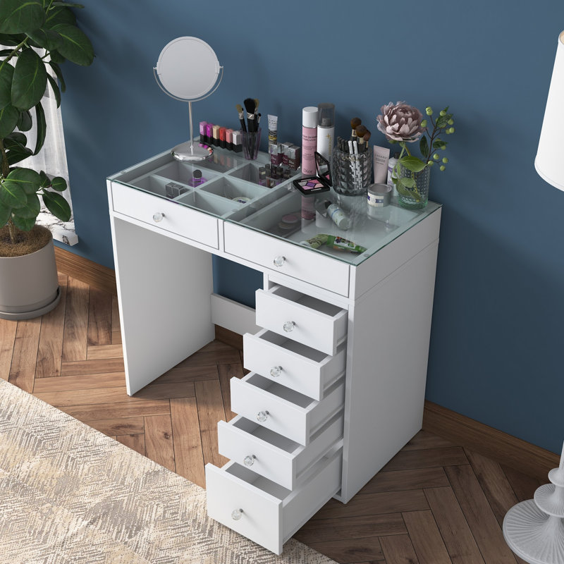 Table à maquillage moderne, blanche, 35,4 x 31,4 x 17,5 pouces | 100% panneau de particules enduit de mélamine, épaisseur: 0,7 pouce | Design élégant et fonctionnel pour les routines de beauté, parfait pour les chambres à coucher et les vestiaires, couleur unie et élégante