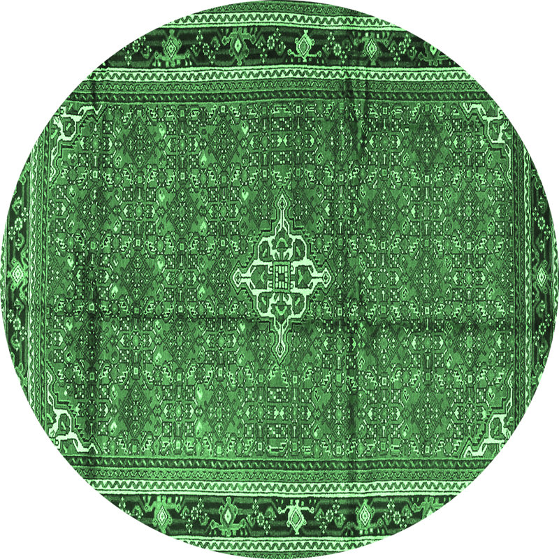 Tapis oriental en laine / polyester tissé à la machine en vert / noir / ivoire, Rond 8 pi