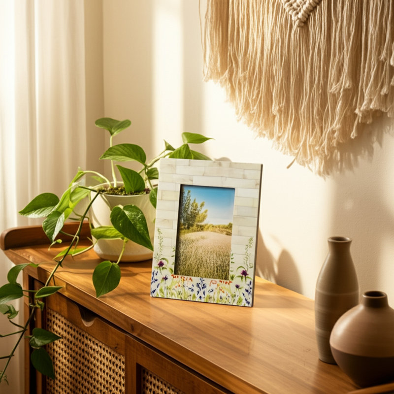 Boho Wood and Resin Photo Frame with MDF and Polyresin Construction., 9"H x 1"W x 1"D