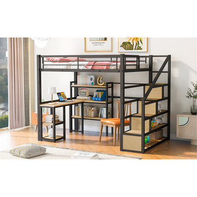 Lit mezzanine en métal noir avec escalier, bureau et tablettes - Lit double, structure, rangement supplémentaire, sans sommier pour un escalier de taille chambre à coucher, structure intégrée, conception d'espace, brillant requis