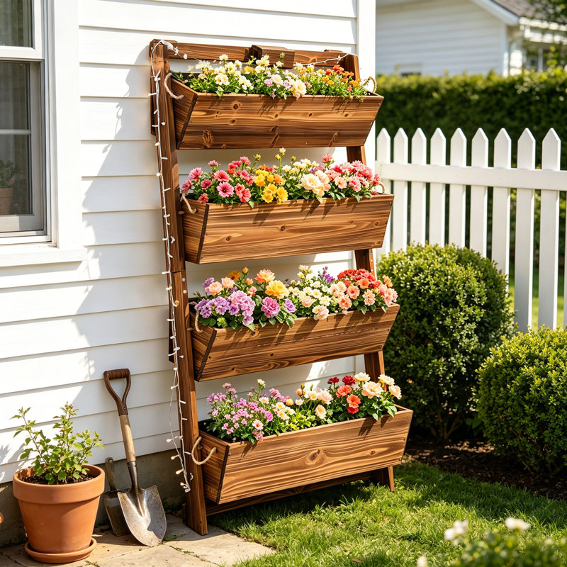 4-Tier Wood Wall-Leaning Vertical Planter Box with Lighted Accent, Liners, and Drainage Holes