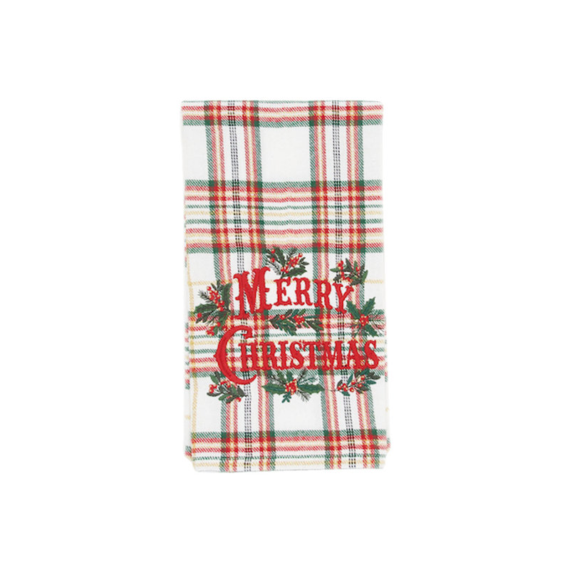 Merry Christmas Holiday Phrases Embroidered Plaid Towel