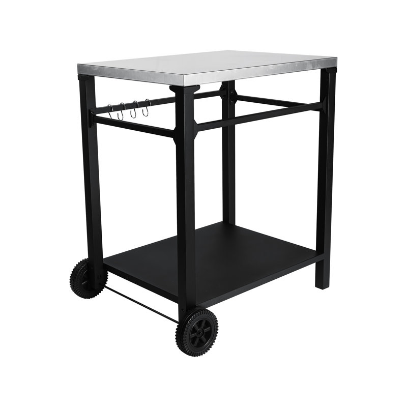 Chariot de barbecue extérieur à 2 niveaux, plateau en acier inoxydable, grandes roues, crochets à outils, table de préparation à barbecue mobile et chariot de bar pour patio, cour arrière, four à pizza, rouille, installation pratique, cadre noir,