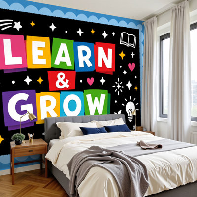 Papier peint adhésif pour enfants Kids Apprendre Coloré Apprendre et cultiver Étoiles Cœurs Ampoules scolaires Icônes murales noires H 100 po x l 144 po Papier mural amovible en PVC auto-adhésif pour chambre d'enfant