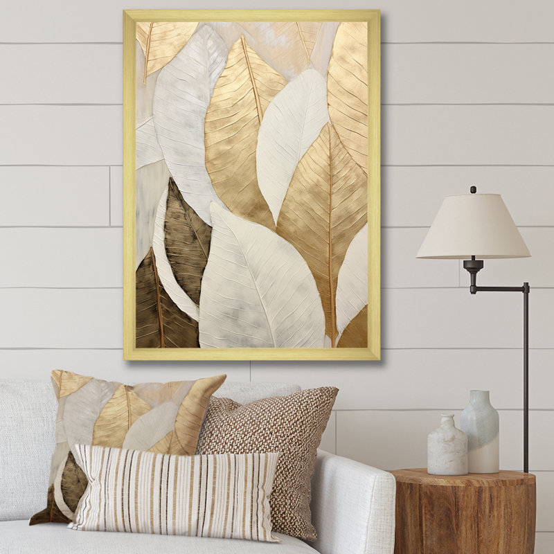 «Gold Minimalisme Leaves Collage III - Leaves», reproduction d'art sur toile encadrée, Cadre doré simple