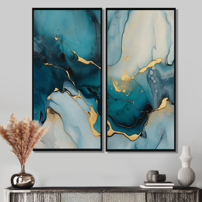 Turquoise doré infusé marbre IV - grandes fractales murales 2 panneaux