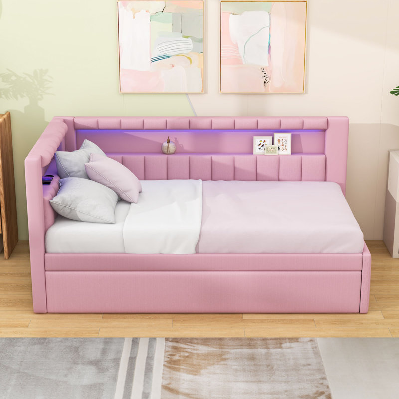 Tynise Twin Upholstered Daybed with USB Ports, LED Lighting and Twin Trundle, Pink