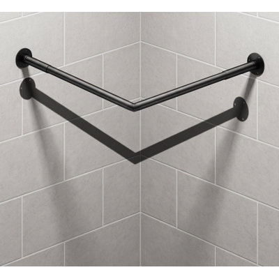 This black 90 degree L shaped corner shower curtain rod adjusts from [23''-53''] x [23''-53'']; intended for bathrooms, bathtubs, and clothing stores, it includes 12 ring hooks and ceiling support.