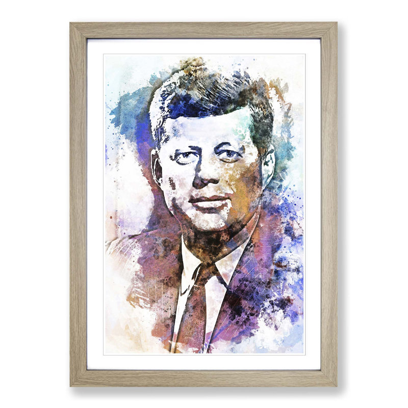 John F Kennedy JFK in Abstract - Picture Frame Painting Print on MDF, 76cm H x 50cm W x 2cm D, Oak