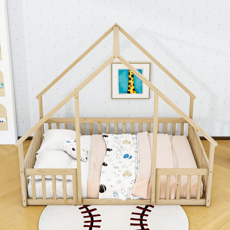 Wood House-Shaped Floor Bed With Guardrails, Natural, Full