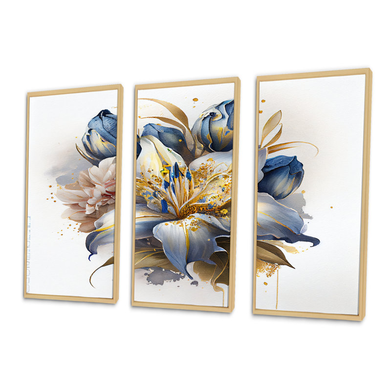 Bouquet de lis doré et bleu III - impression de 3 pièces, H 28 po x l 36 po x P 1 po, Encadré naturel