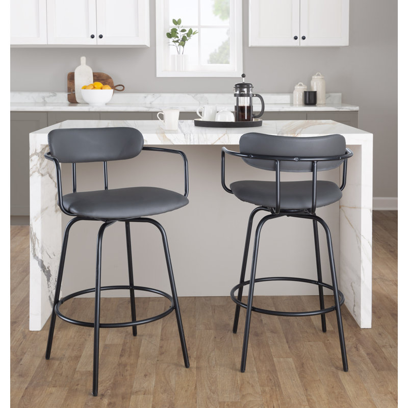 Swivel Upholstered Counter Stool with Metal Frame, Gray Faux Leather/Black Frame
