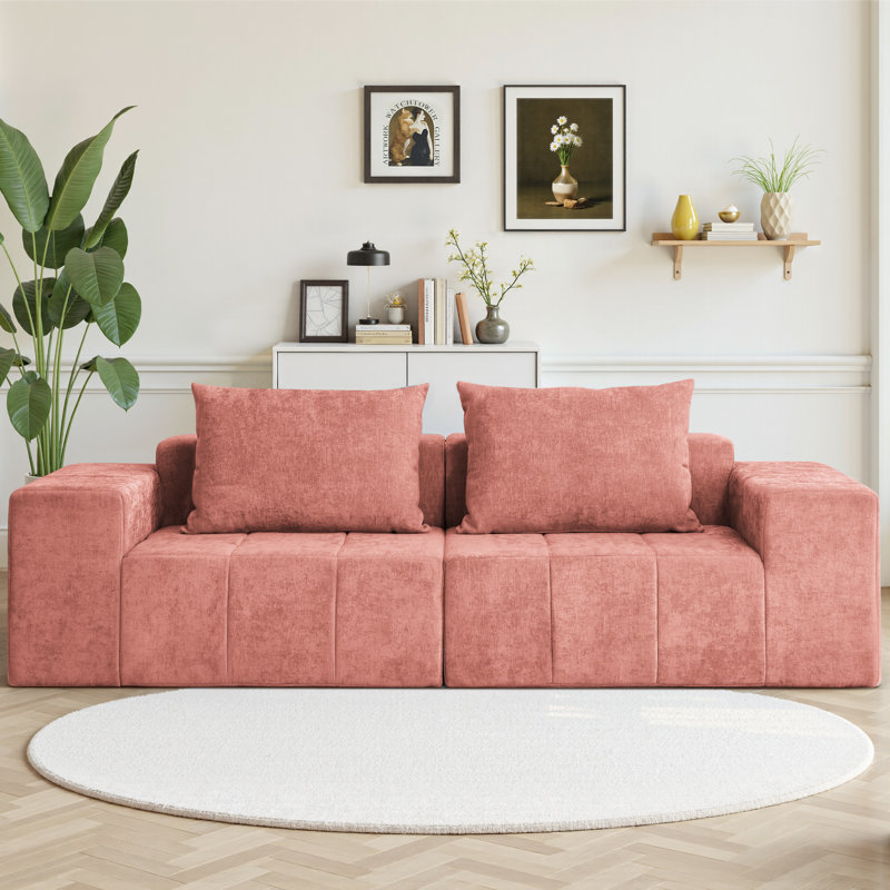 Canapé en chenille de 107 po avec très grands accoudoirs, canapé rembourré confortable pour le salon, Rose