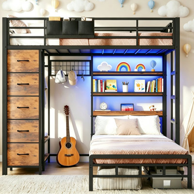 Lit superposé simple au-dessus de simple avec tablettes DEL à 3 niveaux et rangement pour arbre d'entrée