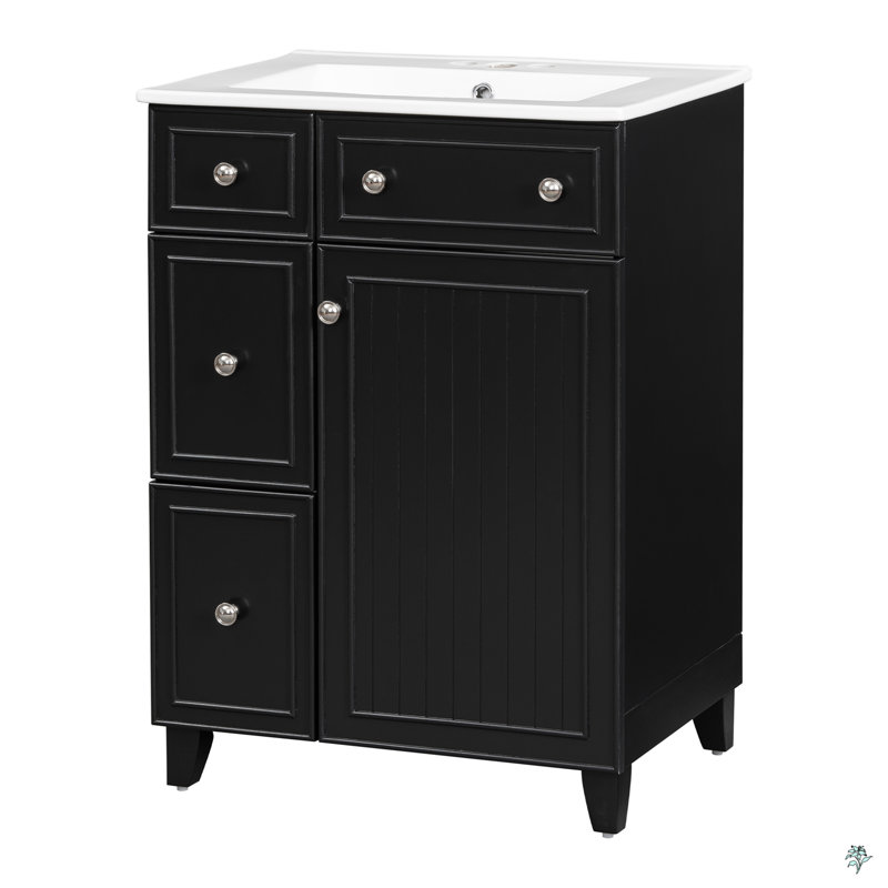 Armoire de meuble-lavabo 24 po avec lavabo en céramique, 2 tiroirs, 1 porte, Noir / argenté