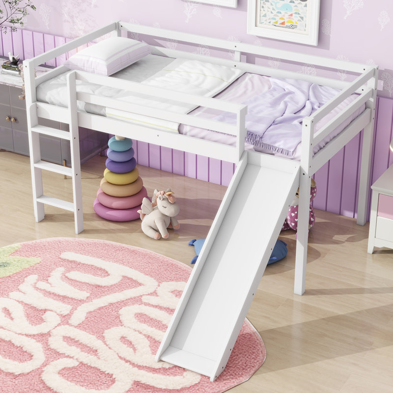 Twin Low Loft Bed with Slide, Ladder and Guardrails, Solid Rubber Wood Kids Loft Bed with Safety Features, White