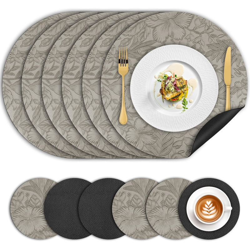 Azevedo Faux Leather Placemat And Coaster Set, Grey