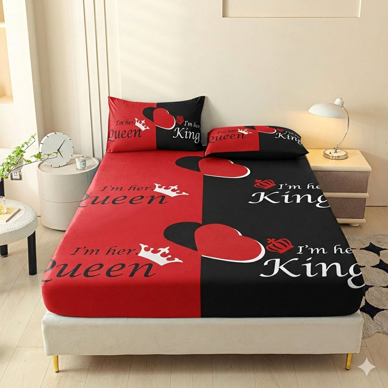 Orylavena King and Queen Couple Fitted Sheet Set, Red and Black Heart Crown Microfiber Bedding, Twin Full Queen King, Digital Print, Backside No Color, No Pillow Insert Included