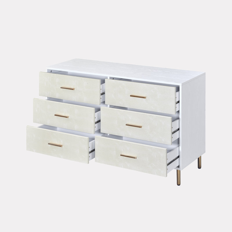Commode rectangulaire à 6 tiroirs, Blanc / champagne