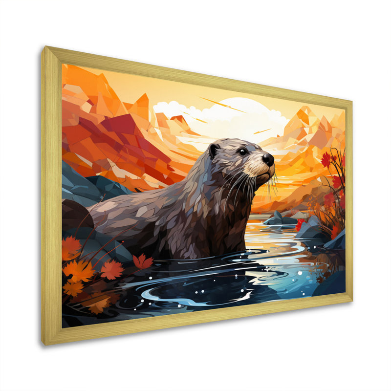 «Yellow Otter Playful River Dweller» sur toile, H 30 po x l 40 po x P 1,5 po, Encadrement doré
