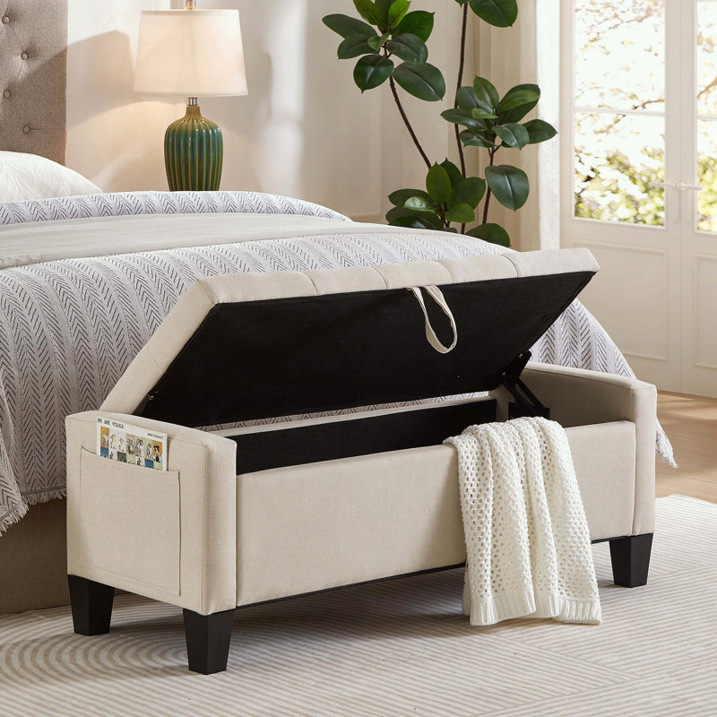 Banc de rangement capitonné en lin avec tablette en bois massif, Beige