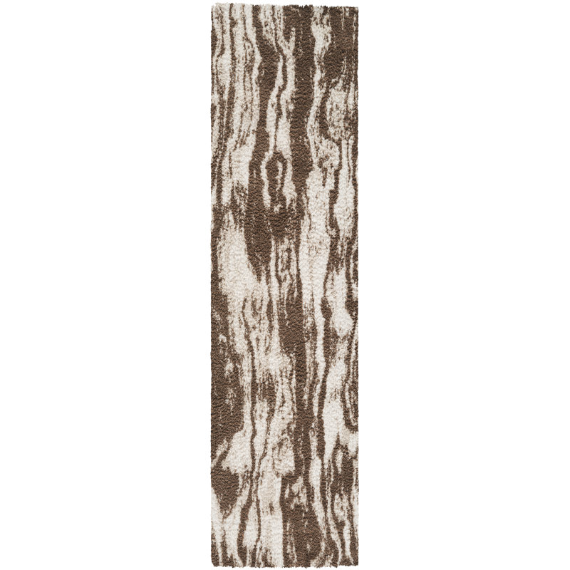 Tapis moderne à poils longs abstrait Nova brun et ivoire, lavable, Brun / Ivoire, 2 pi 6 po x 8 pi 0 po