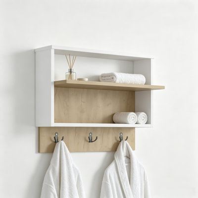 2-Tier Wall Mount Entryway Shelf With 3 Metal Hooks, White Frame Light Oak Floating Hanging Storage Rack For Hallway Bathroom Bedroom