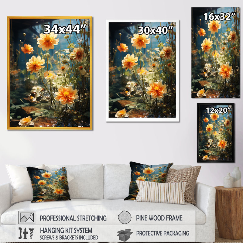 Art mural jaune et vert Zinnias Forest Blooms I - Zinnias, Cadre flottant noir, 40" H x 30" W