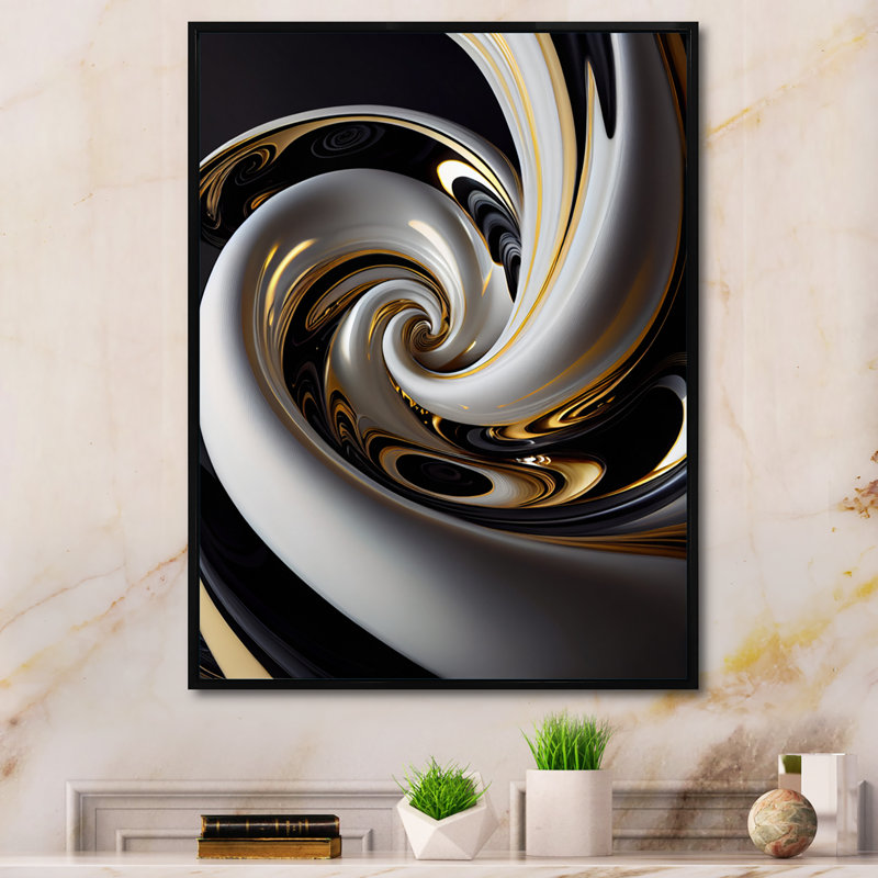 Vitrail doré noir et blanc III - Spirales abstraites, impressions sur toile, H 32 po x l 16 po x P 1 po