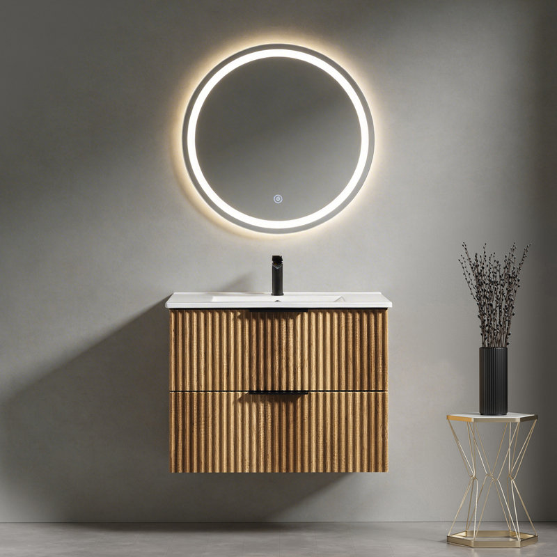 Meuble-lavabo mural 30 po avec panneau cannelé 3D et lavabo intégré en céramique